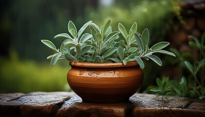 Regennasser handget&ouml;pferter Blumentopf mit frischem Salbei auf einer Steinmauer im Garten