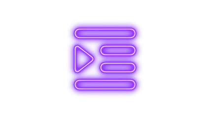 Glowing neon icon featuring a play button and horizontal lines, symbolizing media or playlist, Neon indent icon glow with transparent background