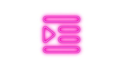 Glowing neon icon featuring a play button and horizontal lines, symbolizing media or playlist, Neon indent icon glow with transparent background