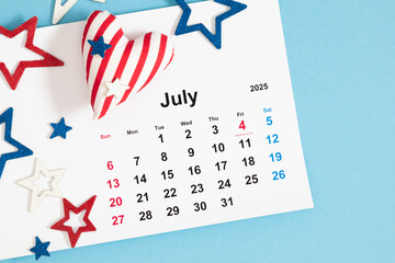 Calendar for 4th July 2025 decorated with national colors star confetti. US Independence Day...