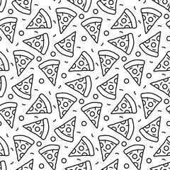 Small black outline pizza pieces isolated on white background. Monochrome seamless pattern. Vector simple flat graphic hand drawn illustration. Texture.