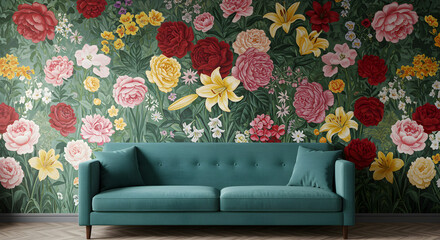 Floral Infusion Interior Design Teal Couch Featuring Botanical Wallpaper Backdrop
