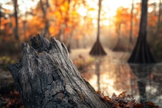 Weathered tree stump in a swampy forest bathed in the golden light of sunset. - Powered by Adobe