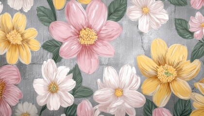  hand-painted spring flowers on cracked concrete wall background for vintage web design, poster print, branding, or textile pattern with pink, yellow, and white blooms and green foliage