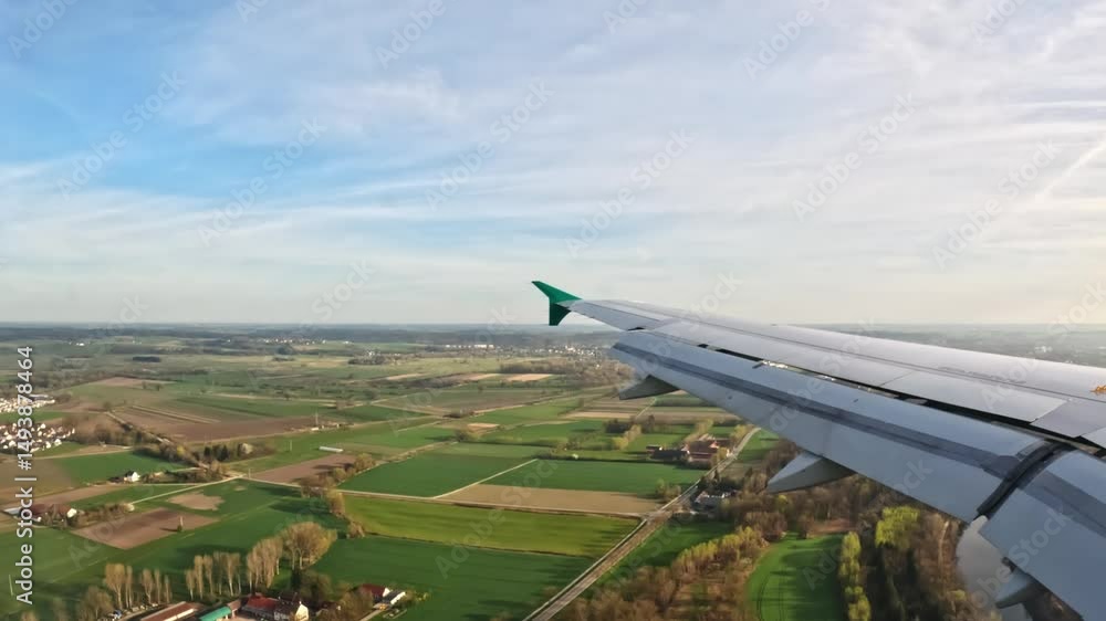 Poster view from airplane window during landing approach to munich airport, showing extended flaps and gree