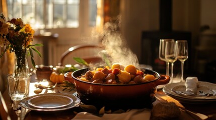 Naklejka premium Warm, inviting autumnal meal steaming in a rustic pot.