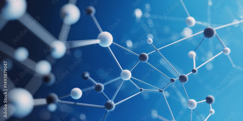 Poster molecular structures connect in a vivid blue background showcasing science and innovation