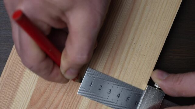 Carpenter steel ruler with limit block for marking or template, close up, top view. The worker hand holds a metal ruler and marks on a wooden board with a pencil