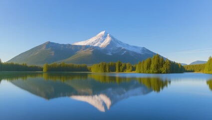 Mirror-Like Lake Capturing Majestic Mountain Peak and Green Woodlands

