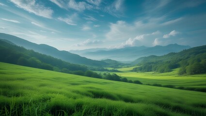 Obraz premium Vibrant Green Fields and Yellow Blooms Under a Clear Blue Sky