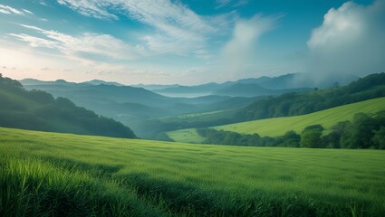 Vibrant Green Fields and Yellow Blooms Under a Clear Blue Sky

