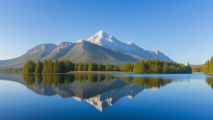 Snow-Capped Mountain Reflected in Tranquil Lake with Lush Forests

