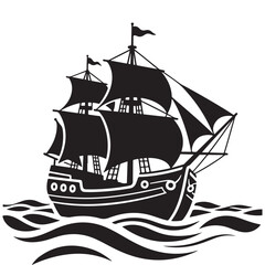 Black Silhouette of a Pirate Ship on Waves