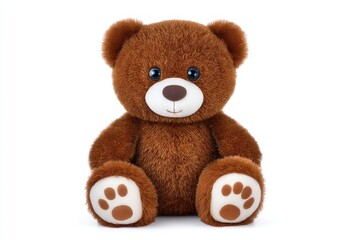 Adorable brown teddy bear with paws sitting on white background