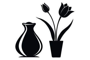 Elegant Still Life Vase and Pot with Tulip Flower Silhouettes Illustration