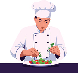 Male chef preparing fresh salad with herbs and tomatoes in professional kitchen vector illustration 