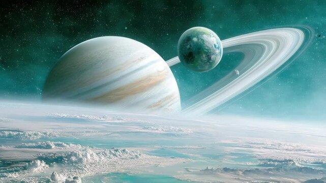 lien planet surface from gas giant moon  sci-fi planet landscape with ringed gas giant, stunning sci-fi planet landscape view, surreal sci-fi planet landscape from alien world