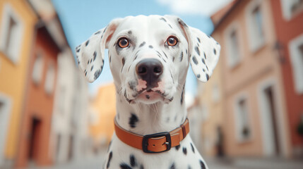 A Dalmatian dog stands confidently on a vibrant city street, surrounded by charming buildings on a sunny day, capturing the essence of urban life