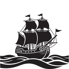 Black Silhouette of a Pirate Ship on Waves