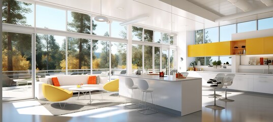 Daylight infused architectural scene emphasizing natural light open space design feature large window bright white sunlit yellow accent modern material reflect clarity transparency setting conveys