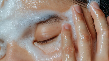 Fototapeta premium Person enjoys a calming skincare routine by applying foam cleanser to their face, enhancing relaxation, and promoting healthy skin during morning or evening self-care