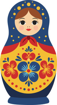 Russian nesting doll matryoshka with traditional floral pattern in blue red and yellow vector illustration 