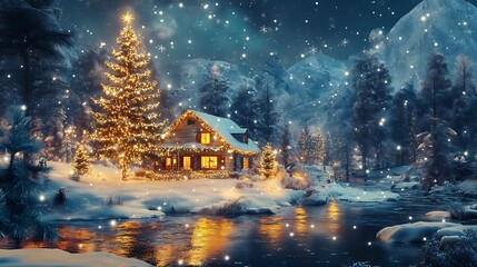 Winter wonderland scene with illuminated house and tree.