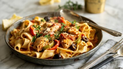 Chicken cacciatore pasta with wide pappardelle noodles served in earthenware dish, featuring tender chicken pieces, bell peppers and black olives in tomato sauce