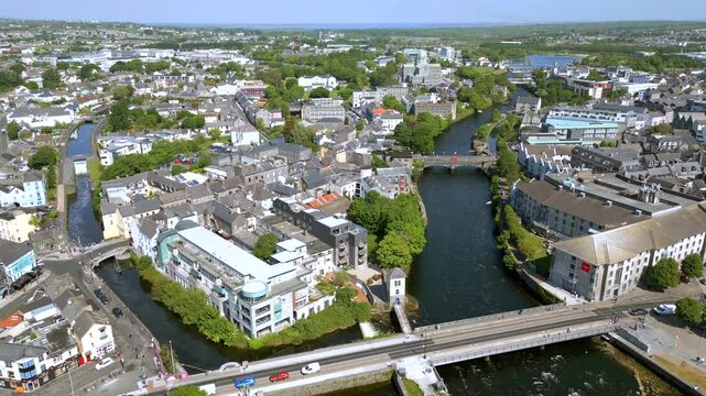An aerial perspective of Galway Ireland showcasing the Corrib River