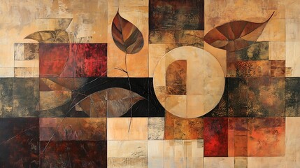 A multicolored abstract composition of leaves and geometric shapes.