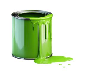 Overflowing Green Paint Can: A vibrant, green paint can, brimming with color, spills its contents, illustrating the essence of renewal, creativity, and the transformative power of art and design.