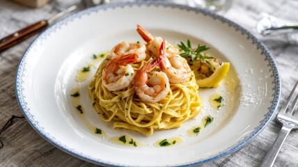 Shrimp scampi linguine served on white plate with blue decorative rim, pasta nest topped with perfectly cooked shellfish and herb-infused olive oil