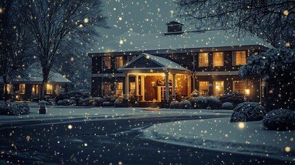 Obraz premium Snowy evening scene with house, trees, lights, and winter atmosphere