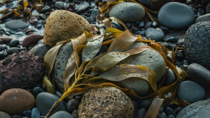 Pacific kelp strands with water droplets arranged on smooth coastal stones showcasing natural amber and olive tones in detailed close-up