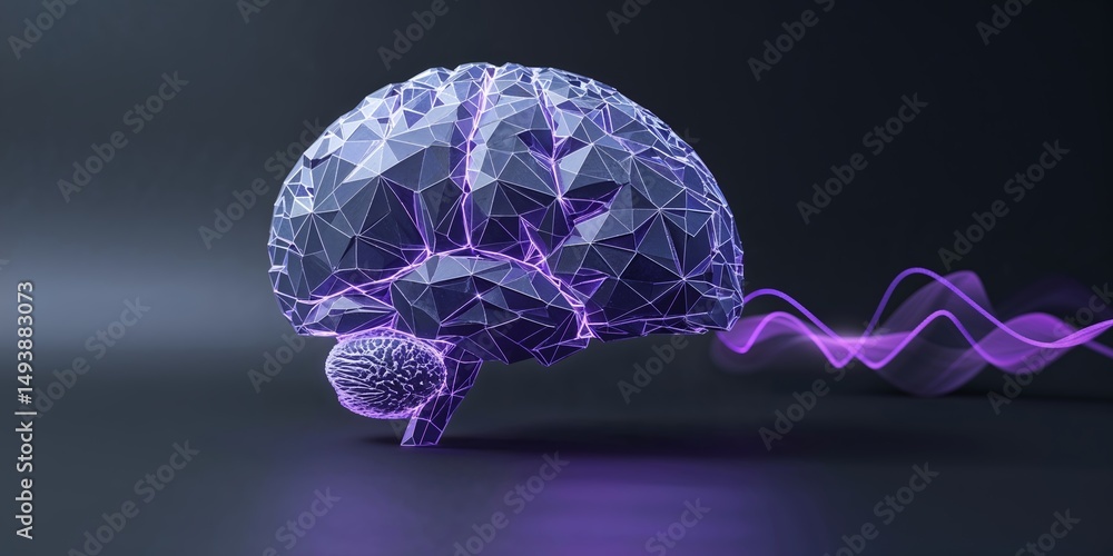 Poster 3d digital representation of a brain with glowing circuits displaying neural connections and waves