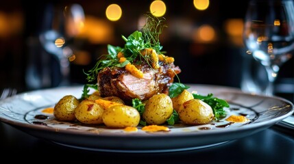 Obraz premium Duck confit with crispy skin served alongside golden pommes sarladaises and fresh greens, premium restaurant presentation