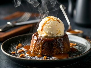 Sticky toffee pudding with ice cream and caramel sauce on a plate