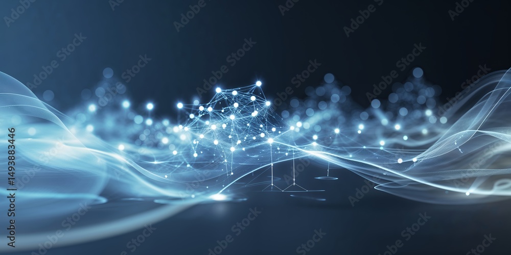 Poster exploration of digital connections and networks showcasing light patterns and flowing lines