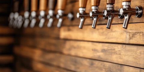 Beer taps line up against a wooden wall, ready for use. Beverage service equipment
