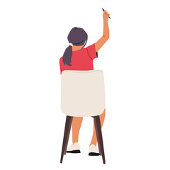 Girl student cartoon character holding raised hand with pen on chair backside isolated on white
