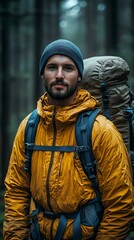Fototapeta premium Hiker in forest, serious look