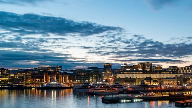 Evening Streets of Oslo Aker Brygge with Blurred Movement
