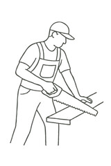 Fototapeta premium Line drawing of carpenter sawing wood on workbench