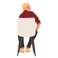 Backside view of adult man cartoon character sitting on chair listening seminar isolated on white
