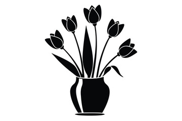 Graphic Silhouette of Tulips in a Vase with Dark Color Palette