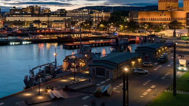 Dynamic Night Life at Aker Brygge, Oslo Timelapse Footage