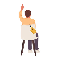 Back view man isolated cartoon character with raised hand on chair asking question or answering