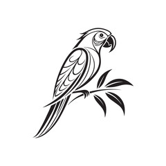 Elegant Parrot on Branch Black and White Line Art
