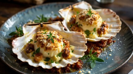 Scallop shells, each of which is covered with a creamy mixture that gives a golden crust. Filling of cheese and breadcrumbs, garnished with finely chopped herbs.