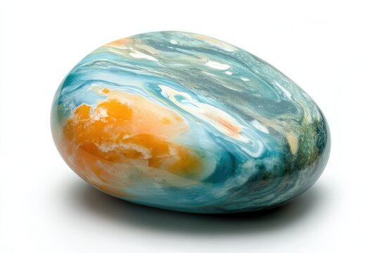 A polished tumbled ocean jasper stone showing swirling blue, green, and orange patterns.